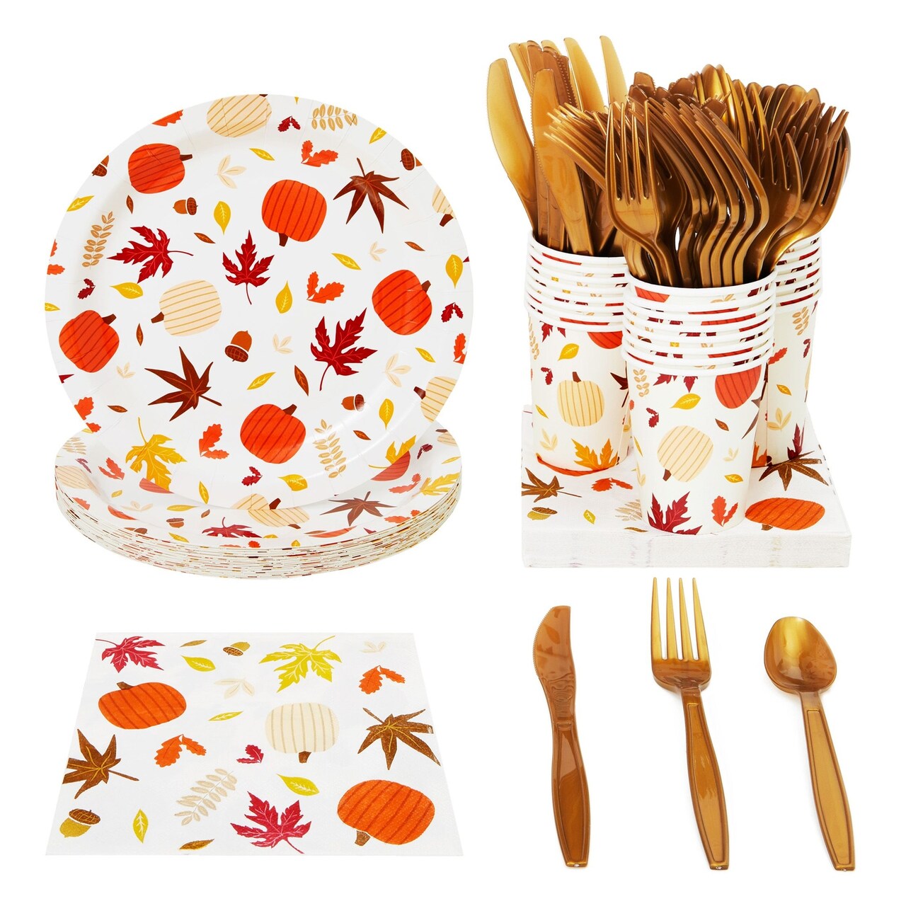 Autumn Paper Plates and Napkins, Cups, Cutlery for Thanksgiving, Fall Party  Supplies (Serves 24, 144 Pieces)